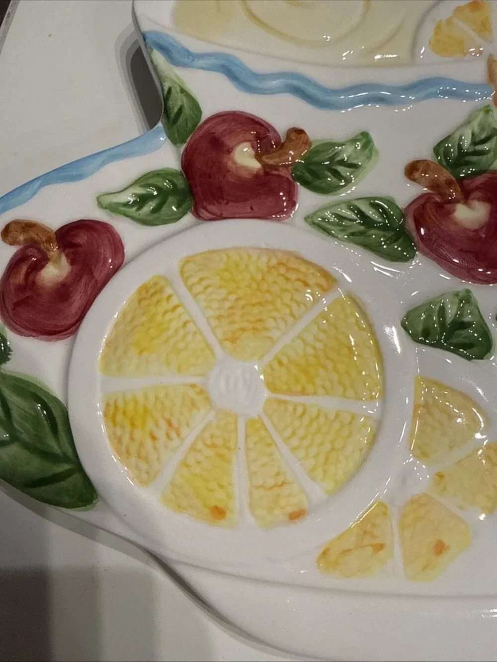 Ceramic Teacup Decorative Accent with Lemons and Cherries Wall Hanging.